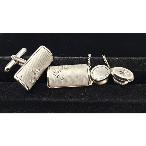 Swank Cufflinks & Tie Tacks Brushed Silver Tone Etched Vintage Mens Jewelry 80s - Picture 1 of 16